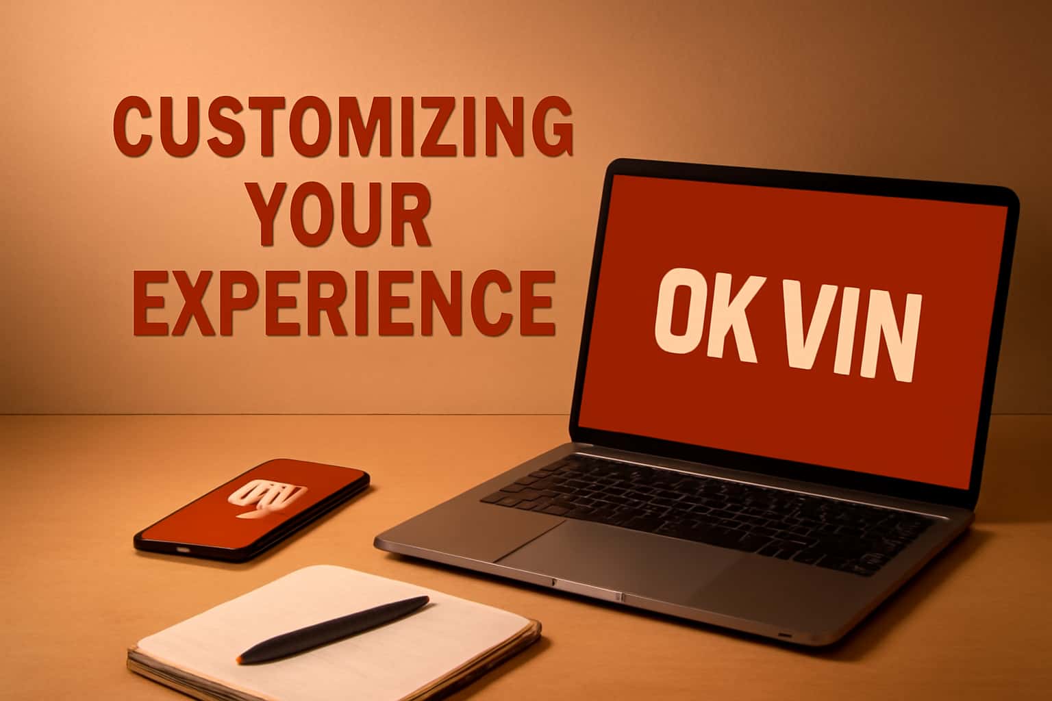 A sophisticated visual representation of customizing the Ok Vin experience with technology-themed elements.