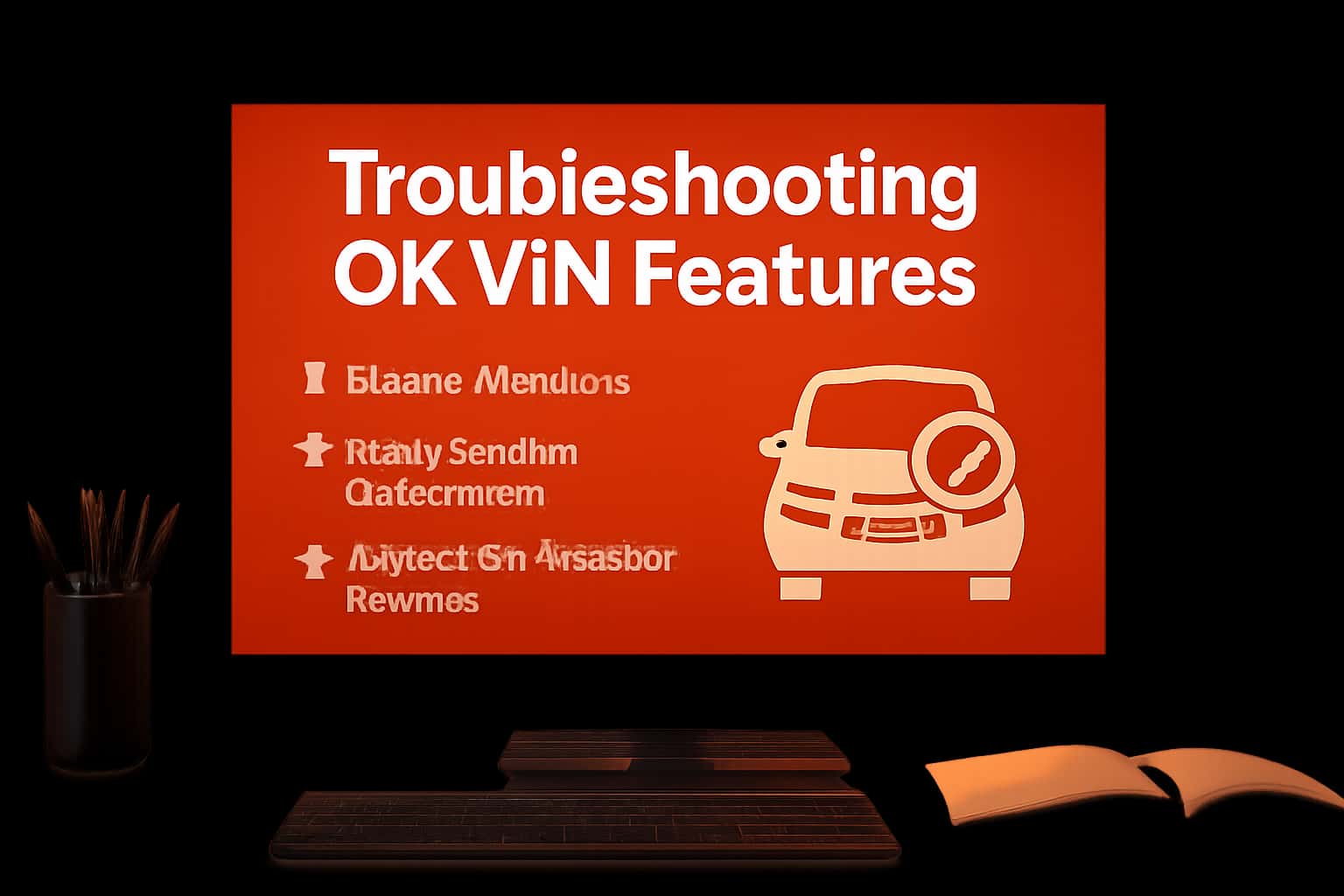 Informational scene showcasing troubleshooting features of the Ok Vin platform.